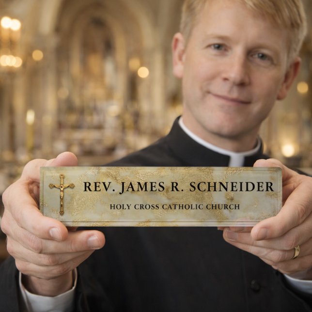 Personalised Gold Crucifix Cross White Marble Nameplate (Creator Uploaded)