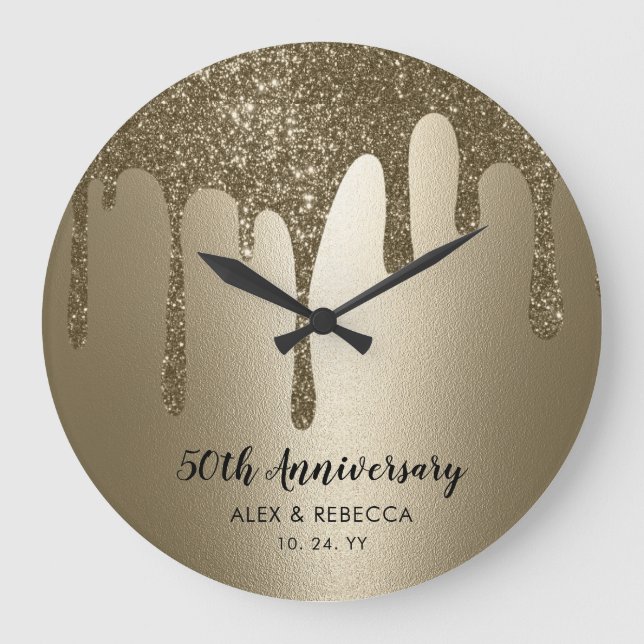 Personalised Gold Drips 50th Wedding Anniversary  Large Clock (Front)