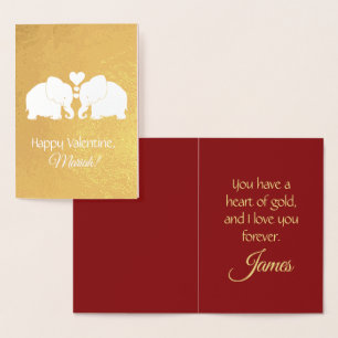 Personalised Gold Elephants With Hearts Valentine Foil Card