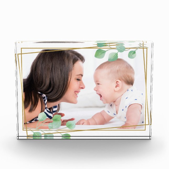 Personalised Gold & Eucalyptus Elegant Minimalist Photo Block (Front)