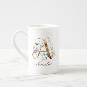 Personalised Gold Floral Monogram Initial A Bone China Mug