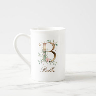Personalised Gold Floral Monogram Initial B Bone China Mug