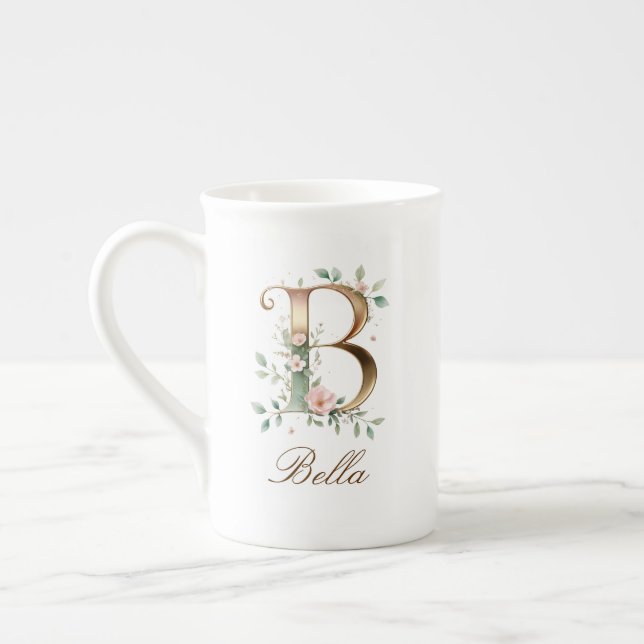 Personalised Gold Floral Monogram Initial B Bone China Mug (Left)