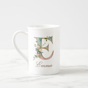 Personalised Gold Floral Monogram Initial E Bone China Mug