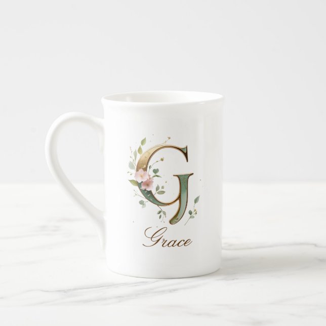Personalised Gold Floral Monogram Initial G Bone China Mug (Left)