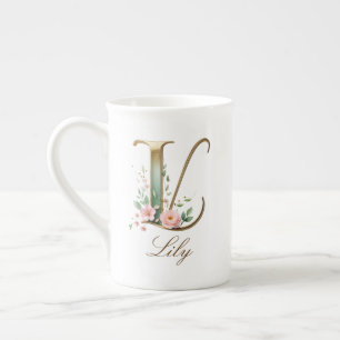 Personalised Gold Floral Monogram Initial L Bone China Mug