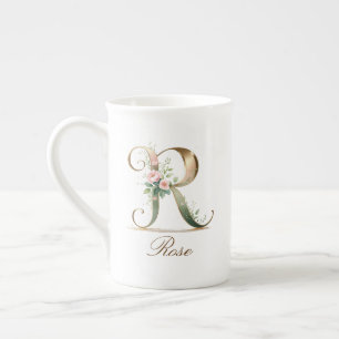 Personalised Gold Floral Monogram Initial R Bone China Mug