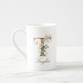 Personalised Gold Floral Monogram Initial T Bone China Mug