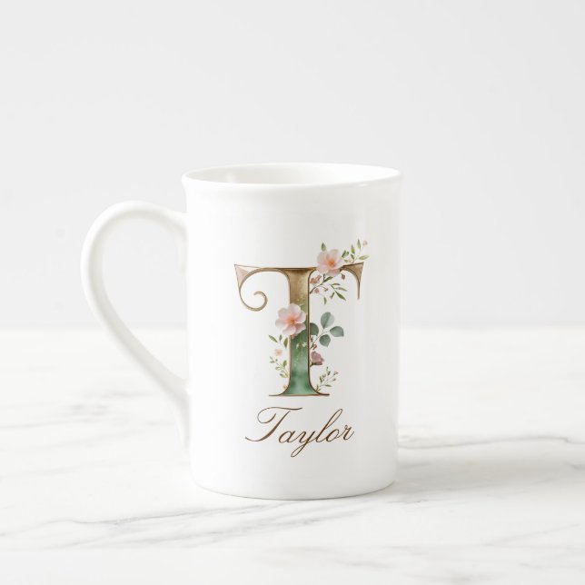 Personalised Gold Floral Monogram Initial T Bone China Mug (Left)