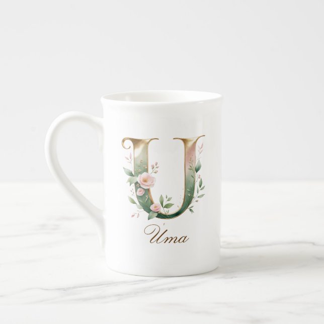 Personalised Gold Floral Monogram Initial U Bone China Mug (Left)