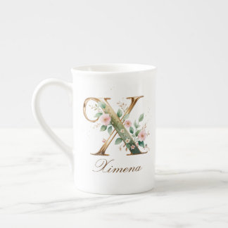 Personalised Gold Floral Monogram Initial X Bone China Mug