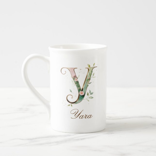 Personalised Gold Floral Monogram Initial Y Bone China Mug (Left)