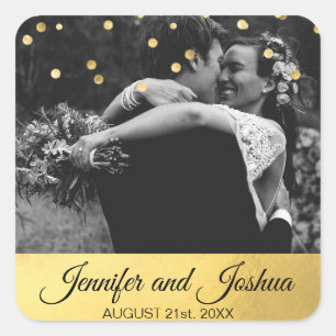 Personalised Gold Foil Confetti Wedding PHOTO Square Sticker