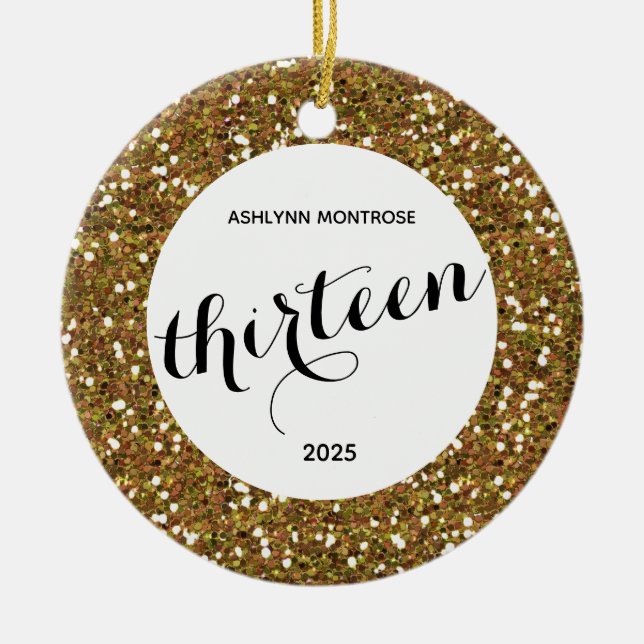 Personalised Gold Glitter 13th Birthday Ceramic Tree Decoration (Front)