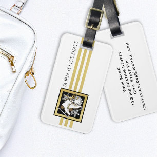 Personalised Gold Glitter Black White Ice Skating Luggage Tag
