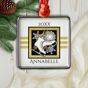 Personalised Gold Glitter Black White Ice Skating Metal Tree Decoration