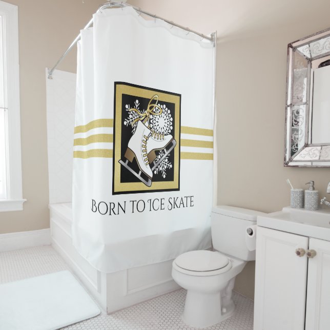 Personalised Gold Glitter Black White Ice Skating Shower Curtain (In Situ)