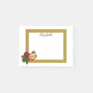 Personalised Gold Glitter Border with Rose Post-it Notes