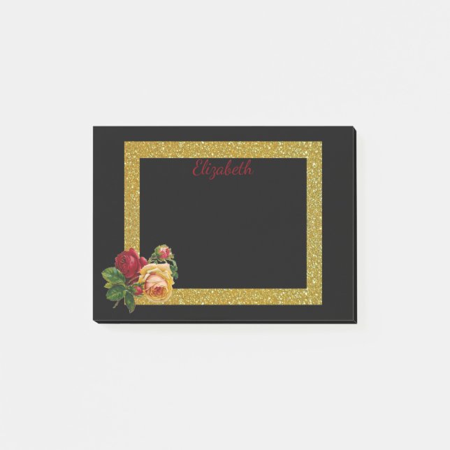 Personalised Gold Glitter Border with Rose Post-it Notes (Front)