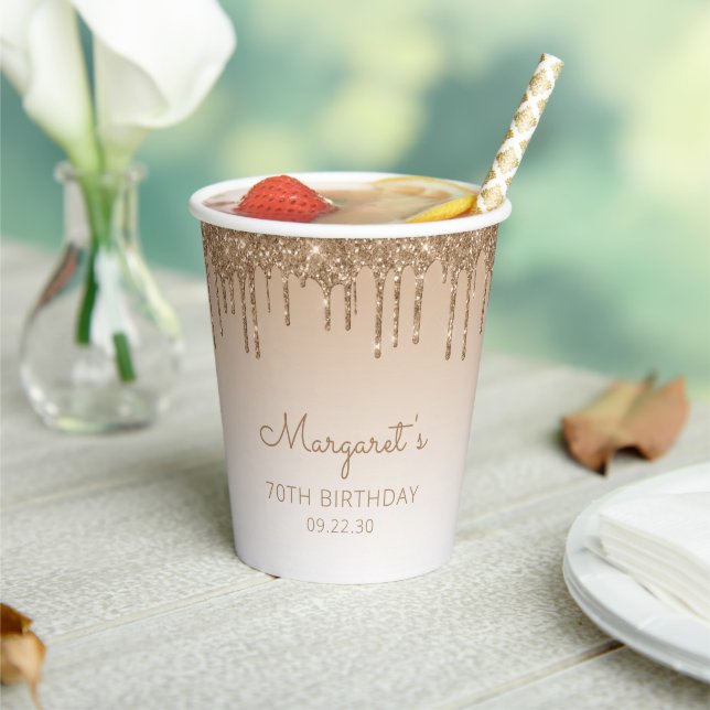 Personalised Gold Glitter Drip 70th Birthday Party Paper Cups (Insitu)