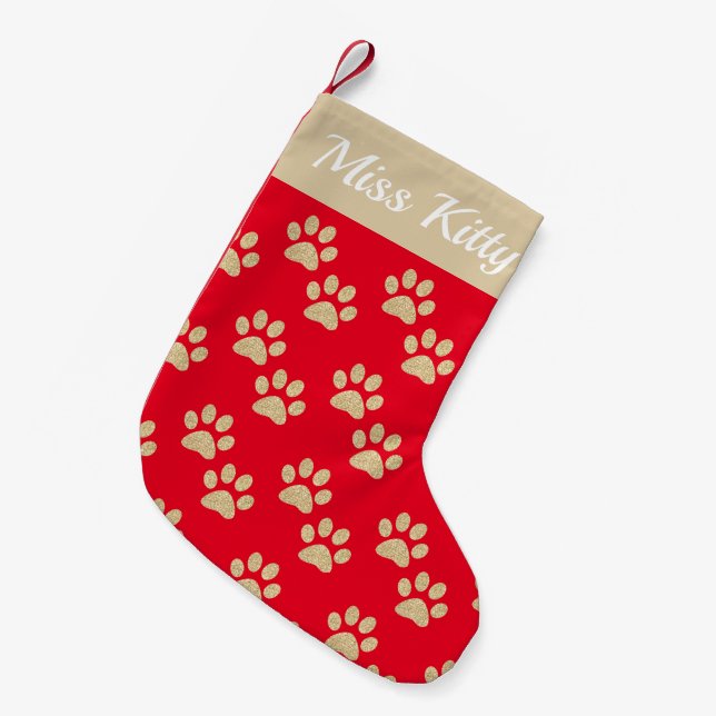 Personalised Gold Glitter Paw Prints Pet Pattern Small Christmas Stocking (Front (Hanging))