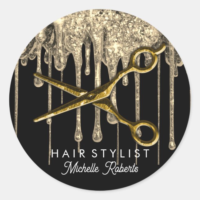 Personalised Gold Glitter Scissors Hair Salon Clas Classic Round Sticker (Front)