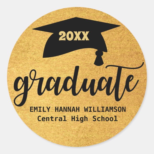 Personalised Gold Graduation Mortar Board Classic Round Sticker (Front)