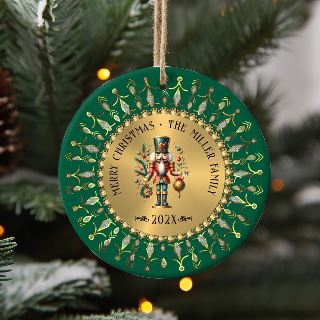 Personalised Gold Green Christmas Nutcracker Ceramic Tree Decoration (Creator Uploaded)