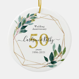 Personalised Gold Greenery 50 Anniversary Ceramic Tree Decoration