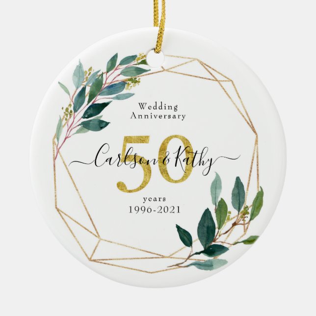 Personalised Gold Greenery 50 Anniversary Ceramic Tree Decoration (Front)