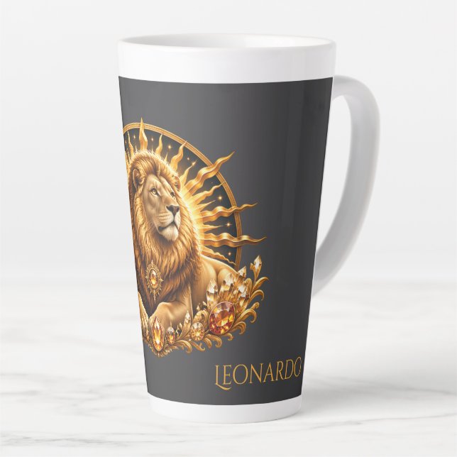 Personalised Gold Grey Zodiac Sign Leo  Latte Mug (Right Angle)
