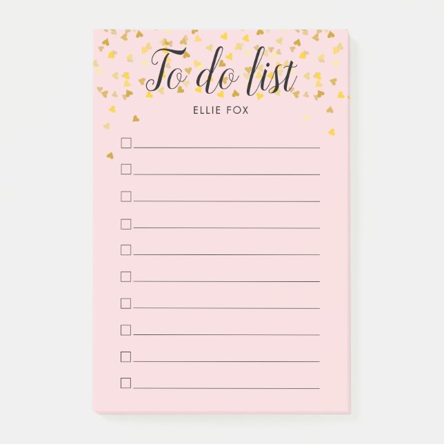 Personalised Gold Hearts Blush Pink To-Do List Post-it Notes (Front)