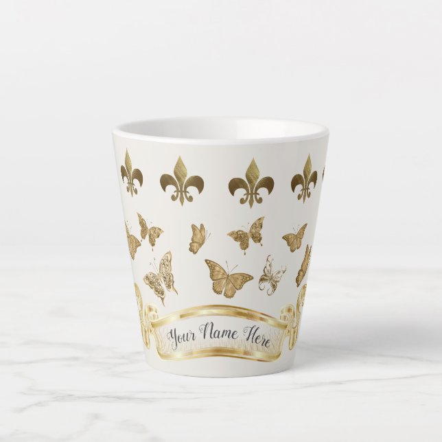 Personalised gold look Fleur de Lis Butterfly Mug (Front)