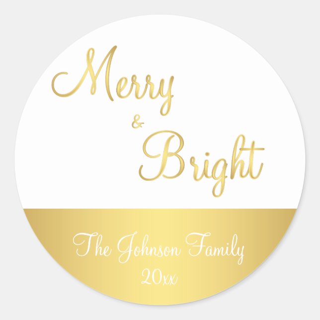 Personalised Gold Merry And Bright Round Stickers (Front)