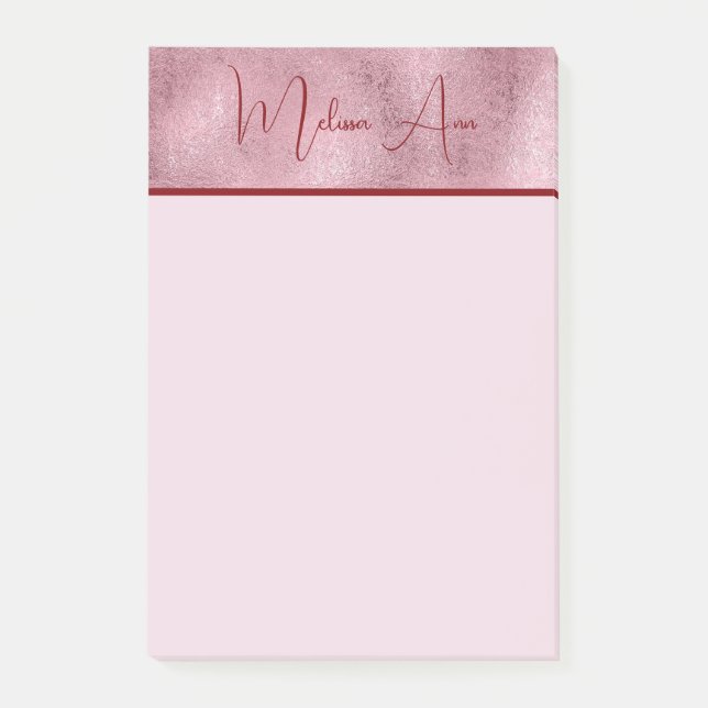 Personalised gold metallic texture blush pink red post-it notes (Front)
