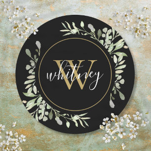 Personalised Gold Monogram Elegant Greenery Black Classic Round Sticker