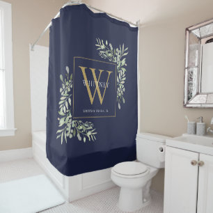 Personalised Gold Monogram Greenery Navy Blue Shower Curtain
