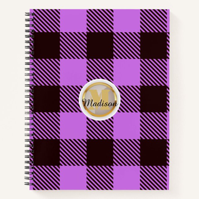 Personalised Gold Monogram Name Chic Orchid Tartan Notebook (Front)