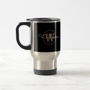 Personalised Gold Monogram Script Name Black Travel Mug