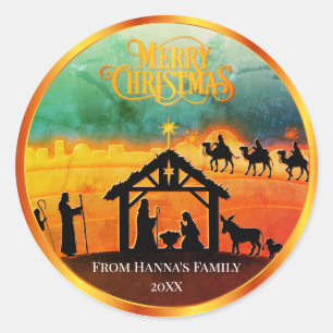 Personalised Gold Nativity "Merry Christmas" Classic Round Sticker