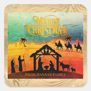 Personalised Gold Nativity "Merry Christmas" Square Sticker