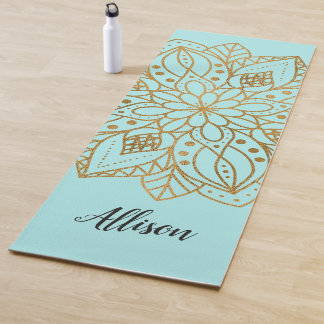 Personalised Gold Nature Mandala Turquoise Blue Yoga Mat