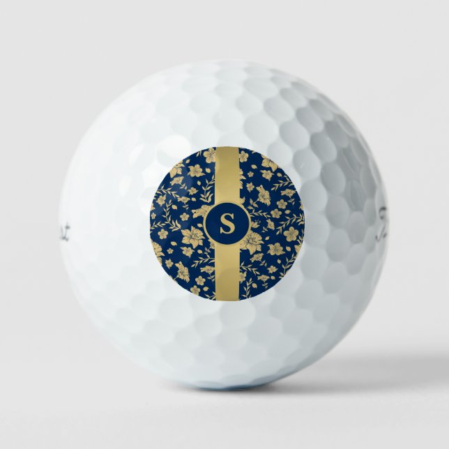 Personalised Gold Navy Floral Golf Balls (Front)