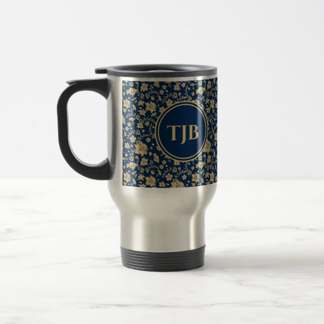 Personalised Gold Navy Floral Travel Mug (Left)