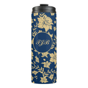 Personalised Gold Navy Floral Tumbler