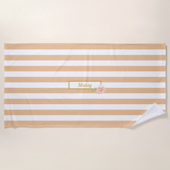 Personalised Gold Peach and White Striped Beach Towel (Front)