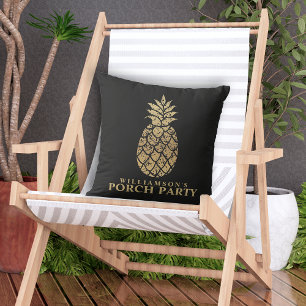 Personalised Gold Pineapples Porch Party Black Cushion