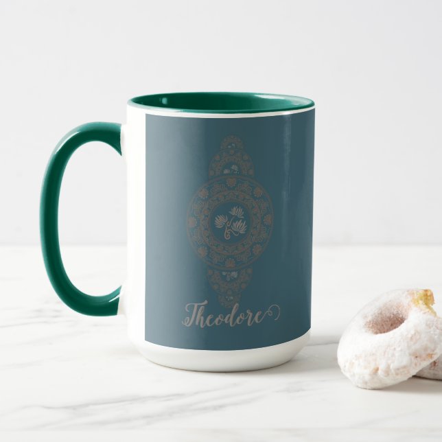Personalised Gold Rococo Lotus Ornamental Mandala Mug (With Donut)