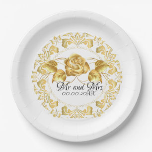 Personalised Gold Rose Wedding Paper Plates