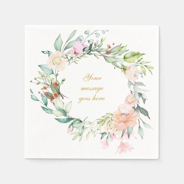 Personalised Gold Script Rose Garland Floral Napkin (Front)